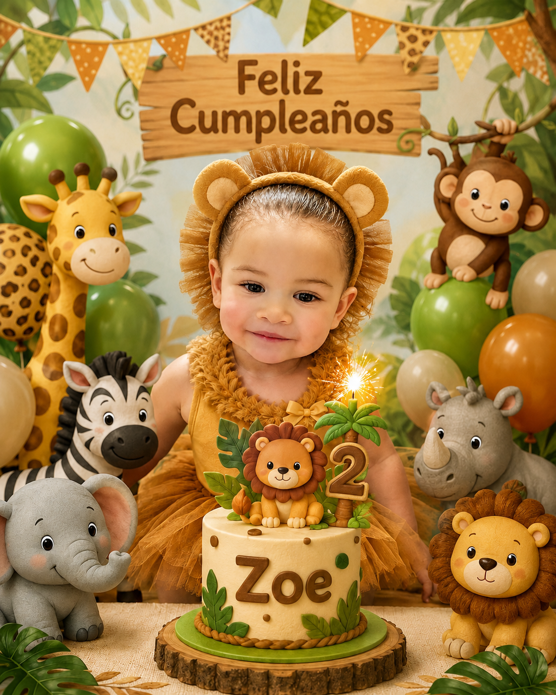 La misma niña convertida en una ilustración de cumpleaños con animalitos